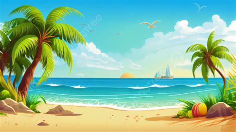 Summer Cartoon Beach Landscape Background, Summer, Cartoon, Beach ...