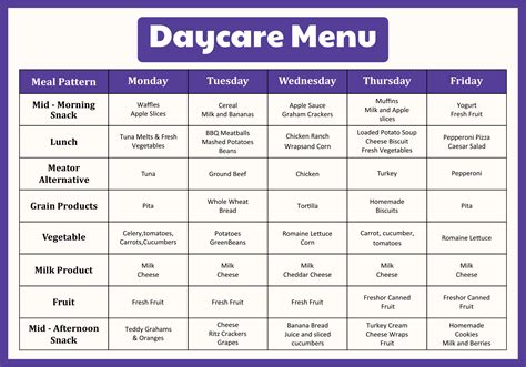 Sample Daycare Menus - 10 Free PDF Printables | Printablee