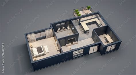 modern interior design, isolated floor plan with black walls, blueprint ...