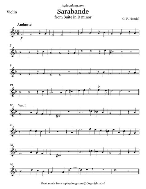 Sarabande from Suite in D minor by Handel. Free sheet music for violin ...