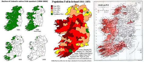 A map of Great Famine population loss and two maps showing Irish ...