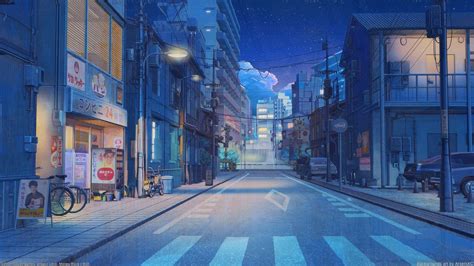 Download Blue Anime Tokyo Street Aesthetic Wallpaper | Wallpapers.com