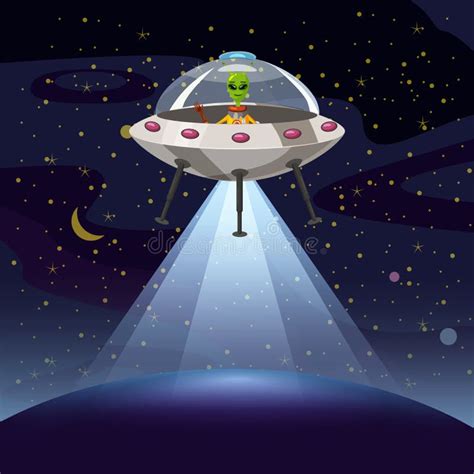 Ufo Poster. Flying Saucer, Alien, Sartoon Style, Vector Illustration ...