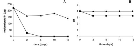 Decrease of patulin (A) and pH determination (B) along 15 days by P ...