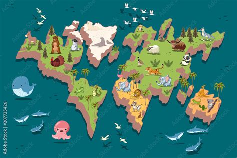 Vetor de World map with cute animals for children. Vector cartoon flat ...