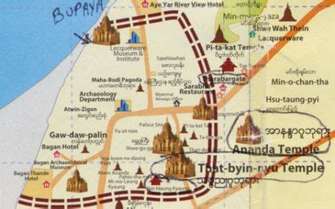 Map of Old Bagan showing the location of Ananda and Thatbyinnyu Temples ...