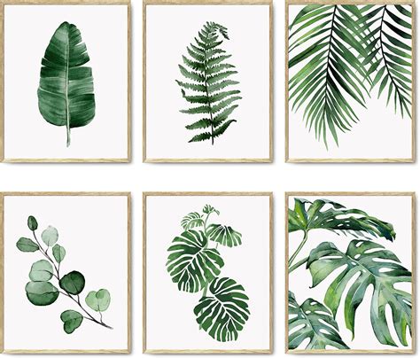 Green Botanical Wall Art Print Set of 6 Natural Plant Leaves Home Decor ...