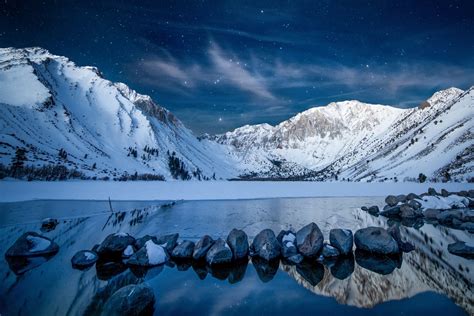 Download Stone Reflection Lake Mountain Snow Star Sky Nature Winter HD ...