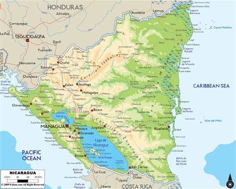 Large detailed physical map of Nicaragua with roads and cities ...