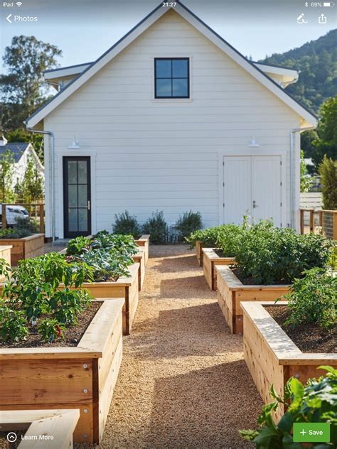 kitchen garden, raised beds, wooden beds, garden path, gravel, pea ...