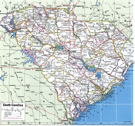 Map of South Carolina showing county with cities,counties,road highways