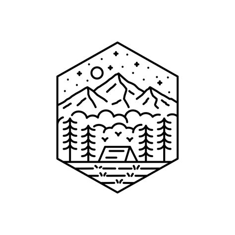 camping under the mountains in mono line art ,badge patch pin graphic ...