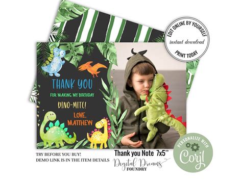 Editable Dinosaur Thank You Card With Photo Colorful Dinosaur - Etsy