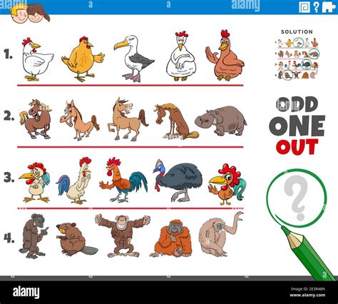 Cartoon illustration of odd one out picture in a row educational game ...