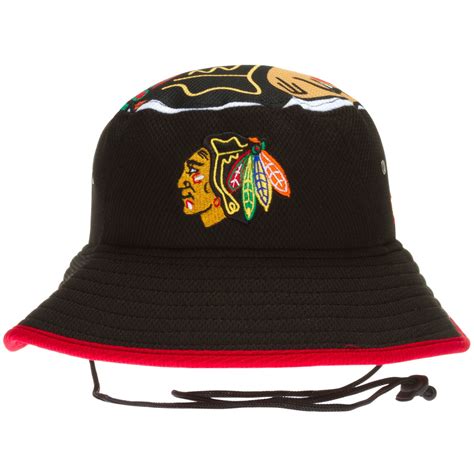 Chicago Blackhawks Black and Red Primary Logo Topper Bucket Hat by New ...