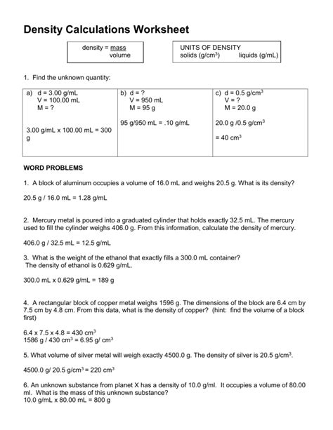 Science 8 Density Calculations Worksheet Answers - Density Worksheet ...