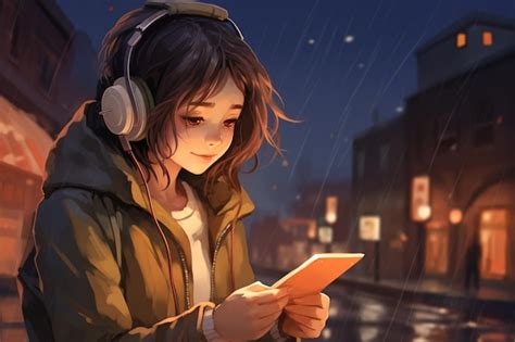 Premium Photo | Anime girl in headphones looking at her phone in the ...