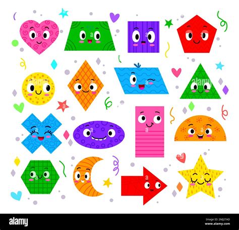 Math shape characters. Funny heart, square, circle and hexagon, rhombus ...