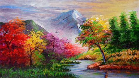 BASIC ACRYLIC LANDSCAPE PAINTING TUTORIAL with Autumn Trees and River ...