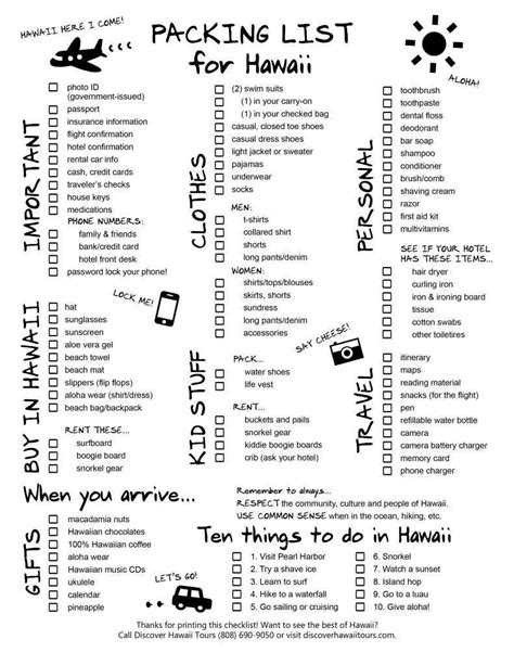 Printable Packing List For Hawaii