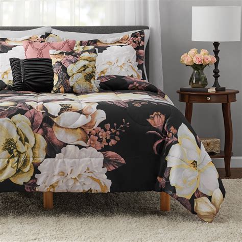 Mainstays Black Floral 10 Piece Bed in a Bag Comforter Set With Sheets ...