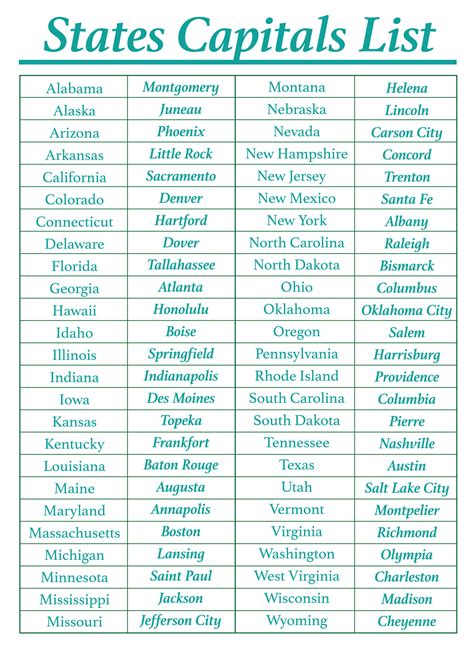 List Of 50 States And Capitals Printable