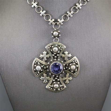 Vintage Jerusalem Cross Necklace with Synthetic Alexandrite in Silver ...