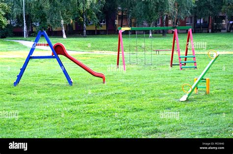 Equipment for child playground in city park, children outdoor ...