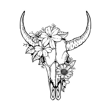 Longhorn Skull With Flowers Tattoo - inlemoistyi