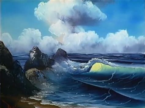 a painting of waves crashing on rocks in the ocean