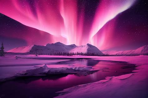 Premium Photo | Pink aurora borealis morthern lights over ice and snow ...