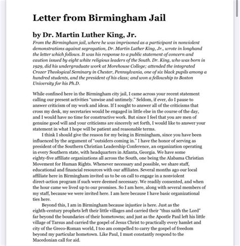 Solved MLK letter from Birmingham jail. 2-3 sentence summary | Chegg.com