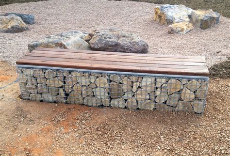 Weld Mesh Gabion Seat with Jarrah | Gabion wall, Stone walls garden ...