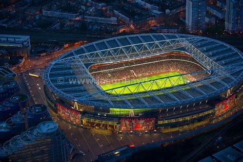 Aerial view of Emirates Stadium at night, Highbury, London | Aerial ...