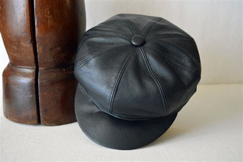 Vintage Style Black Leather Newsboy Cap Genuine by AgnoulitaHats