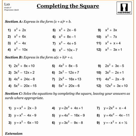 Completing the Square Worksheet