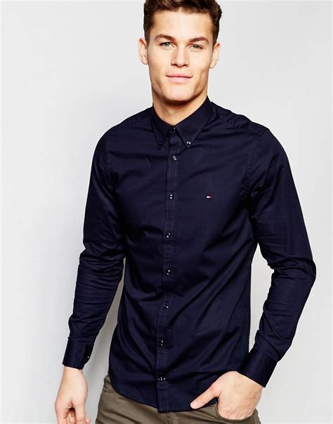 Tommy Hilfiger Cotton Poplin Shirt With Stretch In Slim Fit In Navy in ...