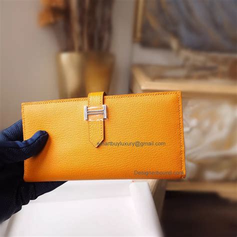 Replica Hermes Bearn Wallet Handmade in 9v Jaune Dor Goatskin PHW