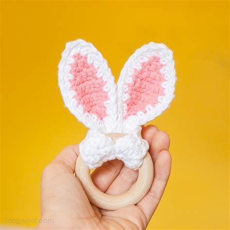 Crochet Bunny Ears Wooden Teether - One Dog Woof