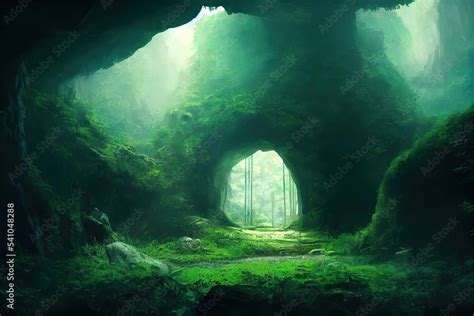 Fantasy cave entrance in the forest 素材庫插圖 | Adobe Stock