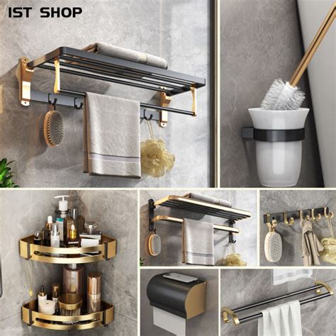 Bathroom Accessories Set black Gold Bathroom Shelf Towel Rack tissue ...