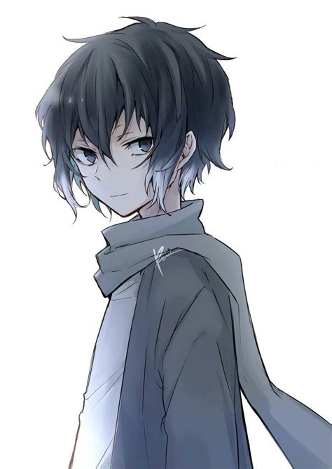 an anime character with black hair and blue eyes, wearing a gray coat ...