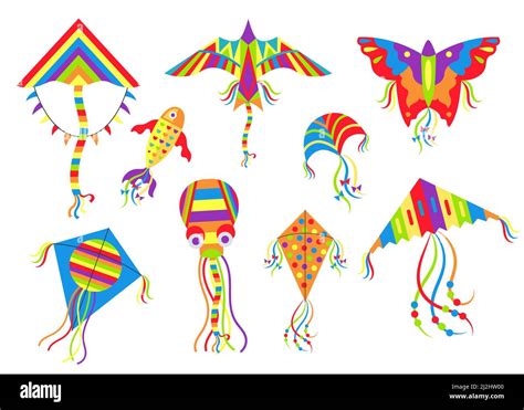 Kites of different types vector illustrations set. Designs of flying ...