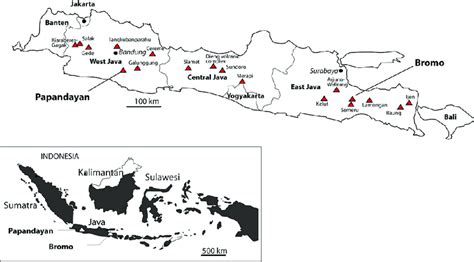 Java island with its 18 active volcanoes. The target volcanoes ...