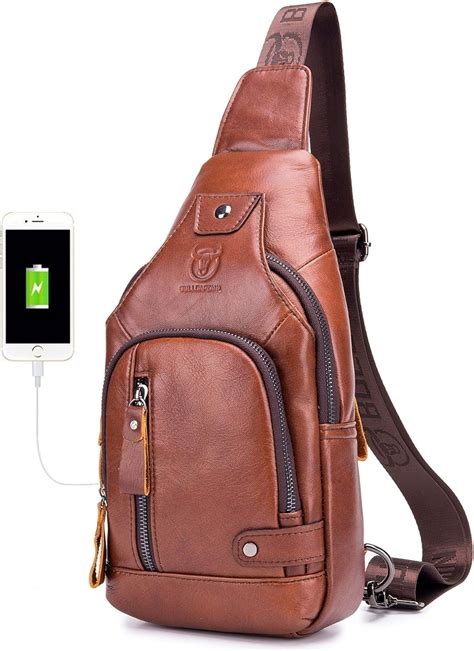 BULLCAPTAIN Leather Men Sling Bags Travel Crossbody Chest Bag Hiking ...