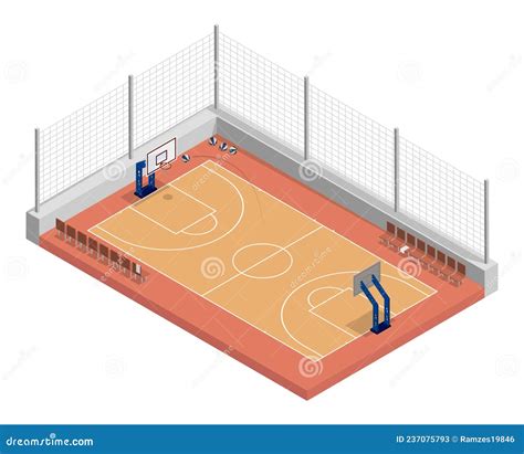 Isometric Basketball Court with Net, Parquet Floor and Markings Lines ...