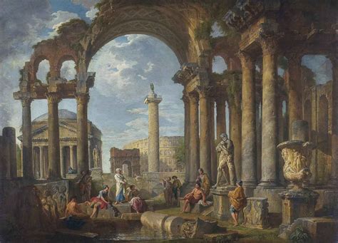 A Capriccio Of Roman Ruins With The Pantheon by Giovanni Paolo Panini