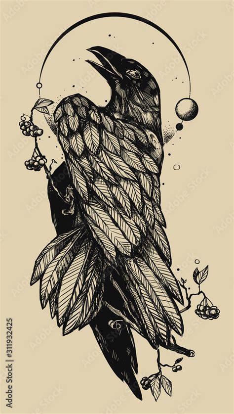 Hand drawn illustration with a Raven or Crow. Tattoo stencil style ...