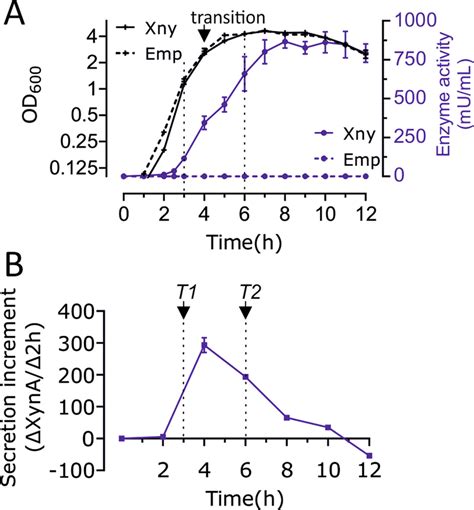 Xylanase production profile in B. subtilis. A Enzyme activity and ...