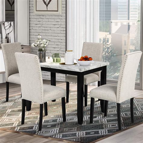 5 Piece Dining Table Set Counter Height Faux Marble Home Kitchen ...